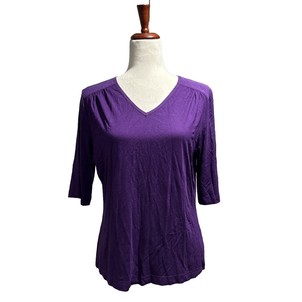 St. John Women's Blouse Medium Viscose Draped V-Neck Short Sleeve Shirt Top - Picture 1 of 10